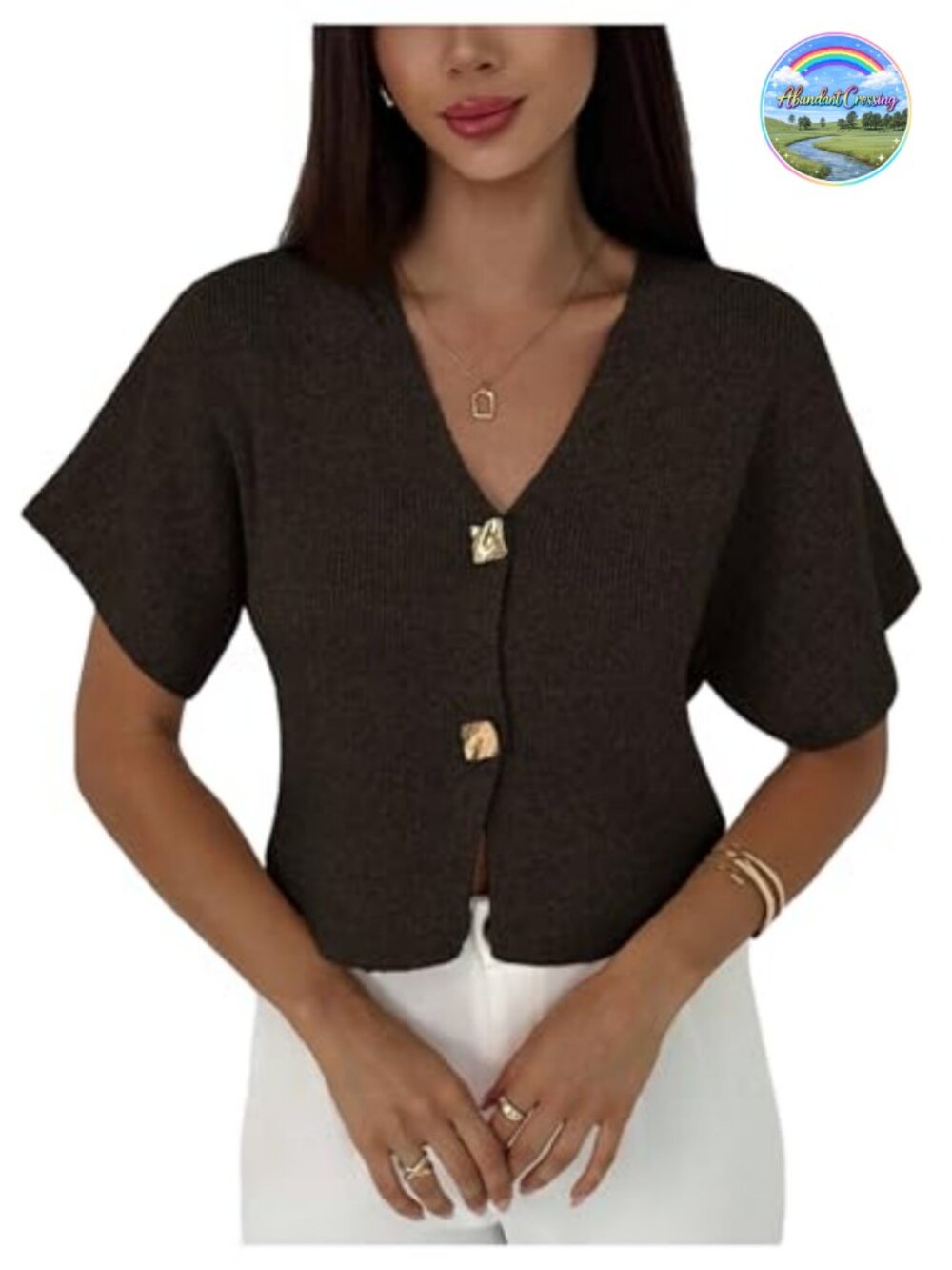 Short Sleeve V Neck Cardigan Sweater Button Front Rib Knit Lightweight